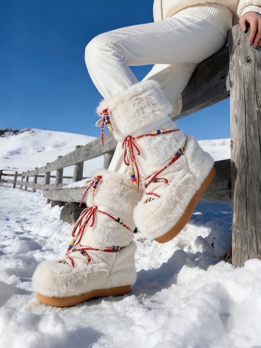 White Cute Women's Faux Fur Snow Boots